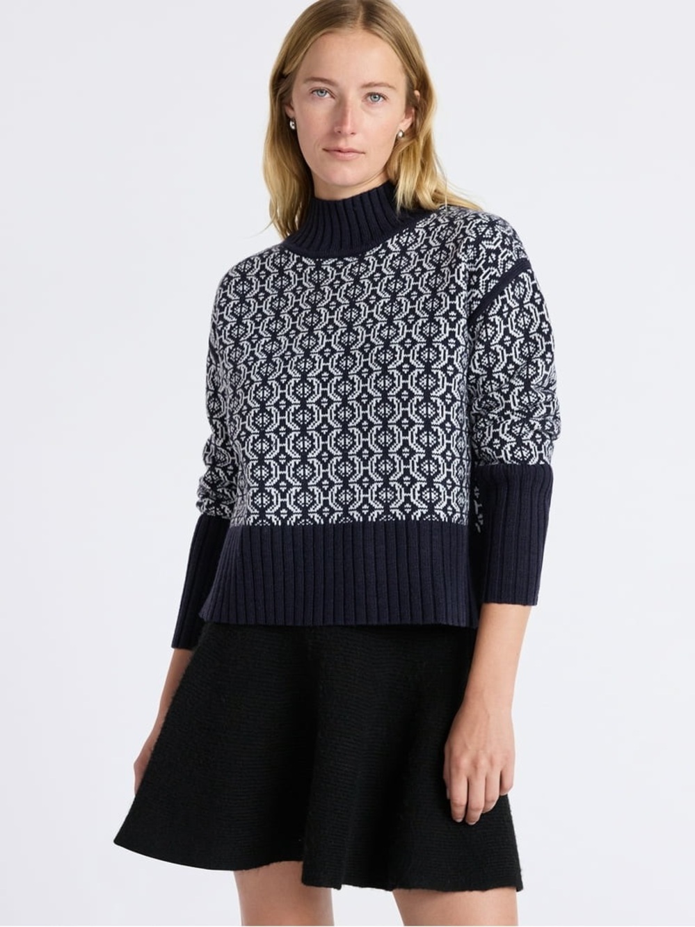 Free Assembly Navy & White Patterned Turtleneck Sweater